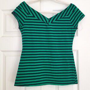 Unique Vintage Green/Navy striped Stretchy Raglan Fitted Retro Cotton Tee